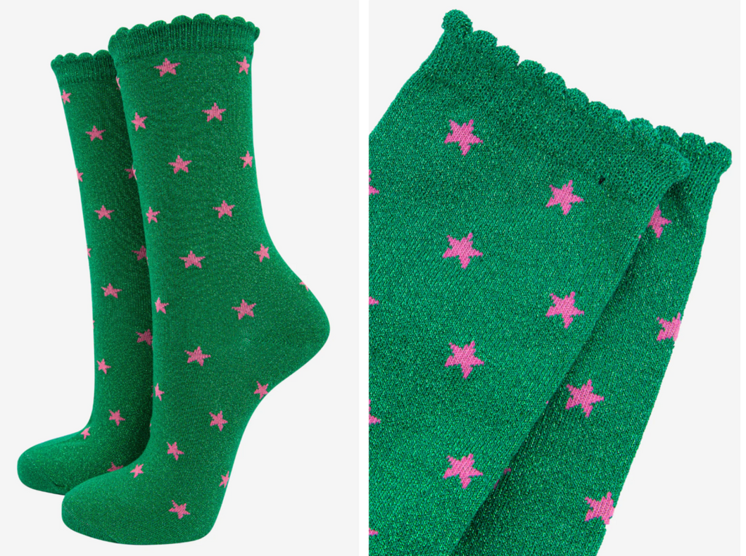 Green Star Glitter Socks