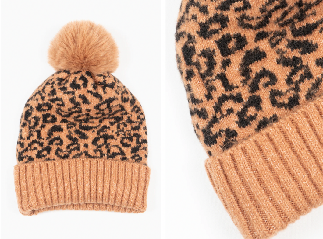 Leopard Print Pom Pom Hat