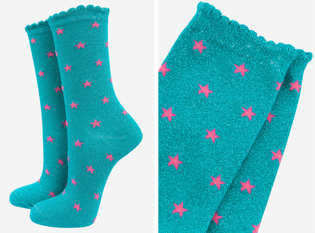 Aqua Blue Star Glitter Socks