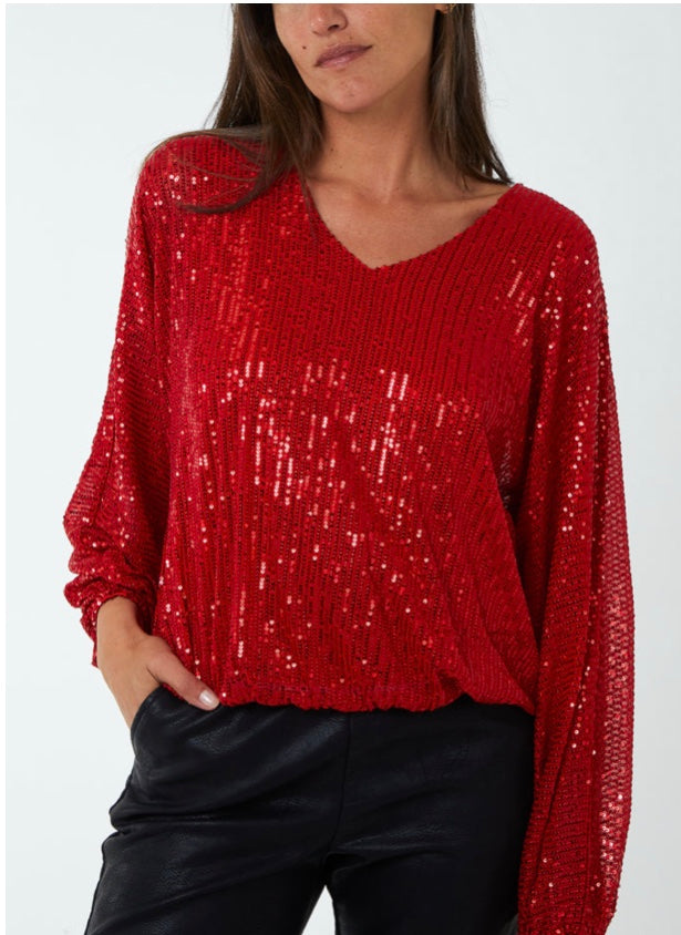 Sequin V Neck Batwing Blouse